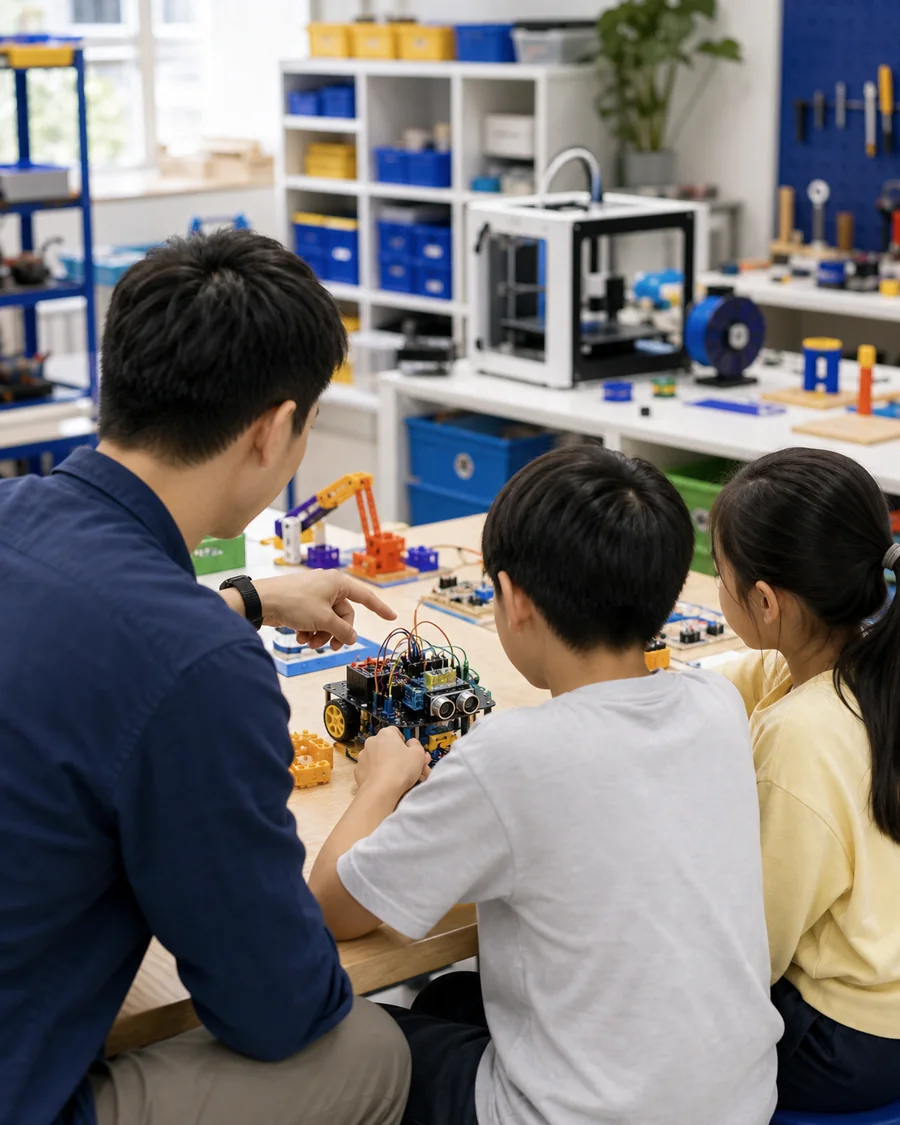 哭比老師在創客教室引導學生完成作品的情境圖